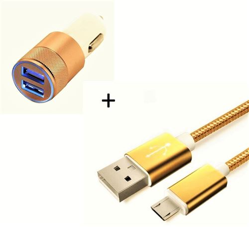Pack Chargeur Voiture pour HTC One M9 Smartphone Micro-USB (Cable Metal Nylon + Double Adaptateur Allume Cigare) Android (OR)