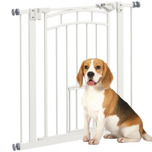 Barrière de sécurité chien, barrière d'escalier à fixation par pression sans percer, porte fermeture automatique, système de double verrouillage, 74 à 80 cm, acier, blanc