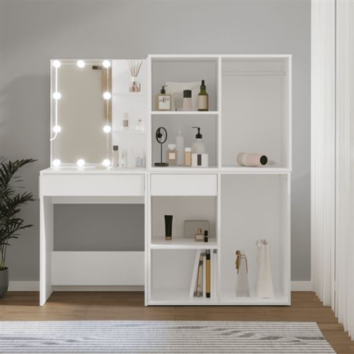 vidaXL Coiffeuse à LED avec 2 armoires Blanc Bois d'ingénierie