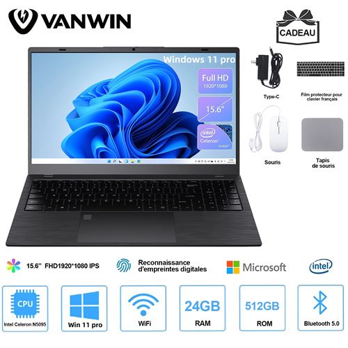 PC Portable Windows 11 Pro Intel Celeron N5095(jusqu'à 2,9 GHz) 24 Go RAM+512 Go SSD Ordinateur Portable avec 15,6 Pouces 1920 x 1080 FHD+, Rotation 170° Type-C Bluetooth 5.0-Noir