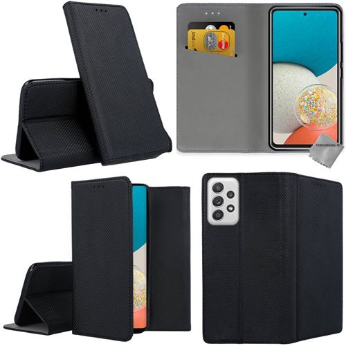Housse etui portefeuille avec coque intérieure en silicone pour Samsung Galaxy A53 5G - verre trempe inclus - NOIR MAGNET - htdmobiles