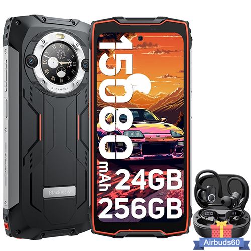 Blackview BV9300 Pro Téléphone Portable Incassable 6.7 24Go+256Go 15080mAh Orange avec Écouteurs Bluetooth Airbuds 60(Noir)