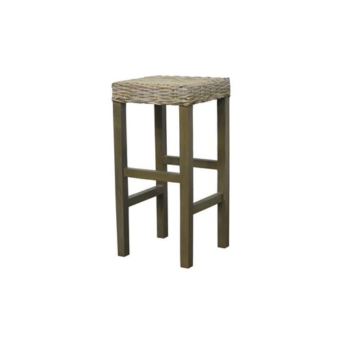 MELA Tabouret de bar en bois massif beige - Assise osier - Ethnique - L 37 x P 33 cm