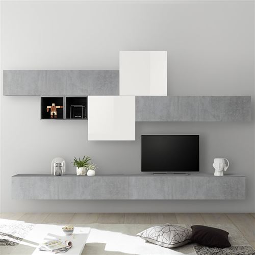 Mur Tv Design Blanc Laqué Et Gris Béton Pulsano L 275 X P 300 X H 200 Cm