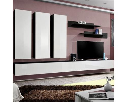 Meuble TV suspendu blanc et noir BUDONI - L 320 x P 40 x H 190 cm