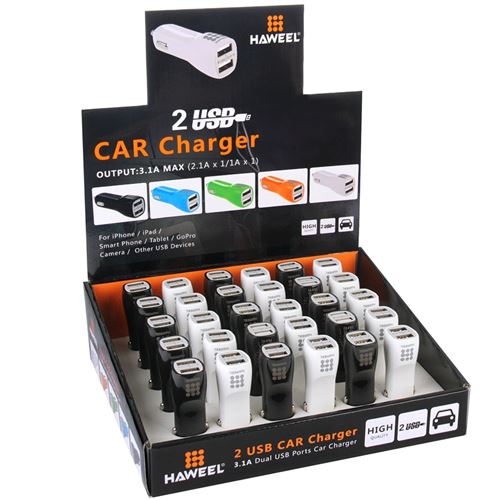 (#36) 30 PCS Mixed Colors HAWEEL 3.1A Dual USB Ports Car Charger Kit with Display Stand Box