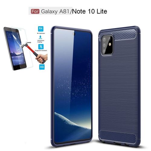 Coque Carbone Bleu Samsung Galaxy Note 10 Lite / A81 Avec Film Verre Trempé - En Silicone Gel Souple hfs-house®