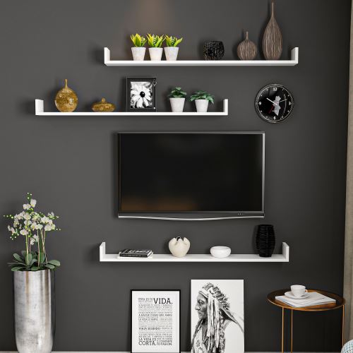 HOMEMANIA Set 3 Étagère Paldy Murales Flottantes, pour Livres - pour Salon, Bureau - Blanc en Bois, 120 x 15 x 10 cm