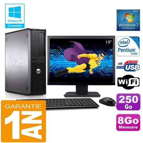 PC Dell 380 Dt Intel E5300 Ram 8Go Disque 250 Go WiFi W7 Ecran 19'