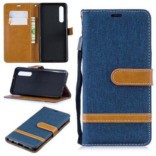 Etui en PU jean bicolore en tissu flip bleu foncé pour votre Huawei P30