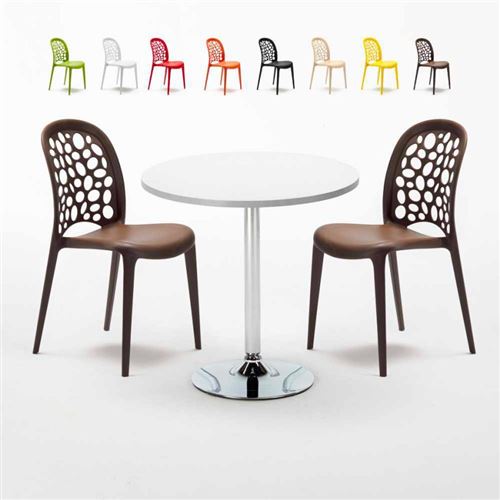Table Ronde Blanche 70x70cm Avec 2 Chaises Colorées Set Intérieur Bar Café WEDDING LONG Island, Couleur: Marron