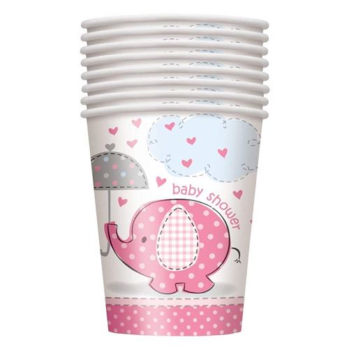 Unique Party 41656 - Paquet de 8 Gobelets en Carton - Baby Shower Éléphant - Rose - 266 ml