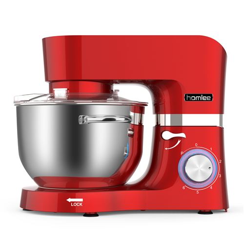 Homlee 1500W Robot pâtissier, Robot pétrin, Robot mélangeur, Pétrisseur, Robot de cuisine multifonction Faible bruit avec Bol en Acier inox de 5.5L, Couvercle, Batteur, Fouet & Crochet Rouge