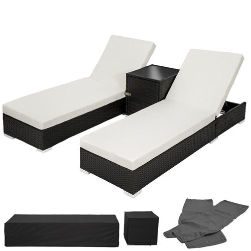 Lot de deux chaises longue bain de soleil en résine tressé poly rotin noir + table + deux set de housses + housse de protection