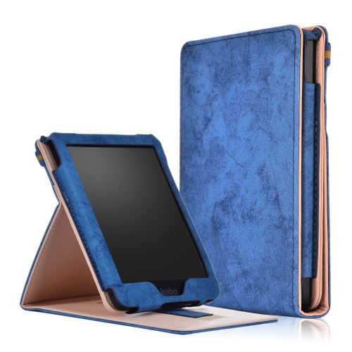 WISETONY® Étui à rabat PU avec ceinture élastique pour Kobo Clara HD - Bleu foncé