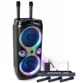 Pack Enceinte Karaoké 1000W USB Bluetooth TWS Ibiza Sound COLUMBA-KARAOKE - 4 Micros Sans Fil VHF et Filaires - Soirée Anniversaire - 1