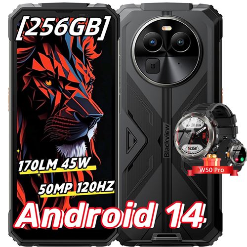 Blackview BV8100 Smartphone Incassable 6,5 Android 14 (8+16)Go+256Go 50MP 8800mAh Noir avec Montre Connectée W50 Pro