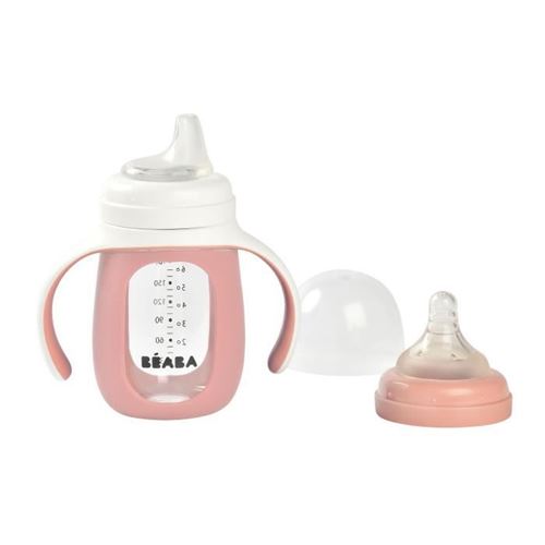 beaba, biberon verre d'apprentissage 2 en 1 210 ml + housse silicone - old pink