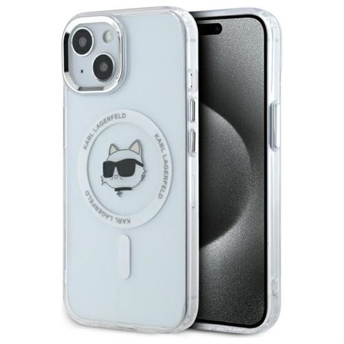 Coque pour iPhone 15 Plus - Karl Lagerfeld IML MagSafe (KLHMP15MHLSCHH) - Tête de Choupette en Métal Blanc
