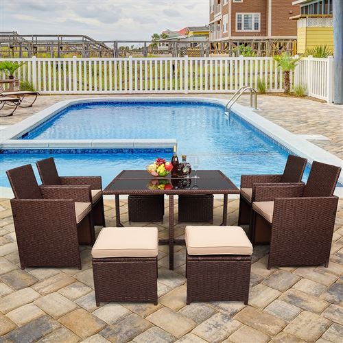 Salon de Jardin Extérieur en Résine Tressée Poly Rotin 8 Places,4 Fauteuils 4 Tabourets 1 Table Pour jardin, cour, extérieur