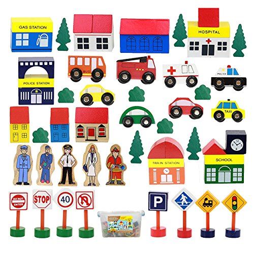 50 Piece Wooden Modern Town Train Set With Accessories, Comes In A Clear Container, Compatible With All Major Brands