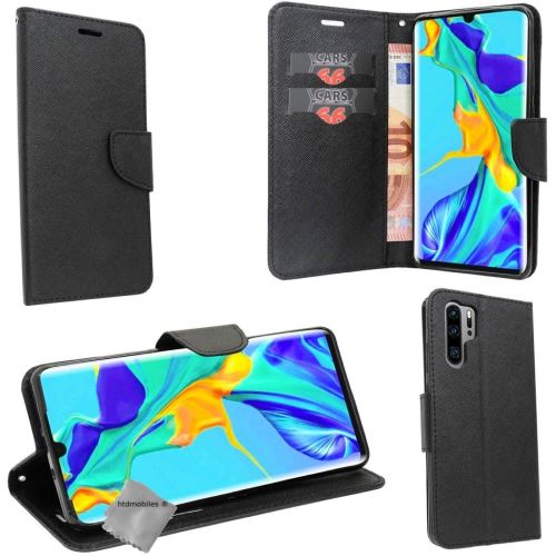 Housse etui coque pochette portefeuille pour Huawei P30 Pro avec verre trempe - NOIR / NOIR