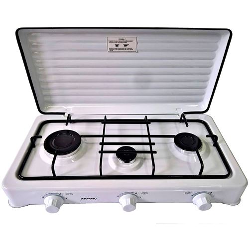 MPM KN-03/1K Cuisinière à gaz portable pour le camping, 3 brûleurs, blanc Blanco