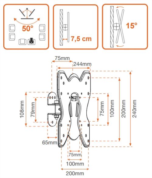 Support Mural pour Écran Plat Metronic Support TV Inclinable et Orientable pour TV 28 à 42" (71 à 106 Cm)