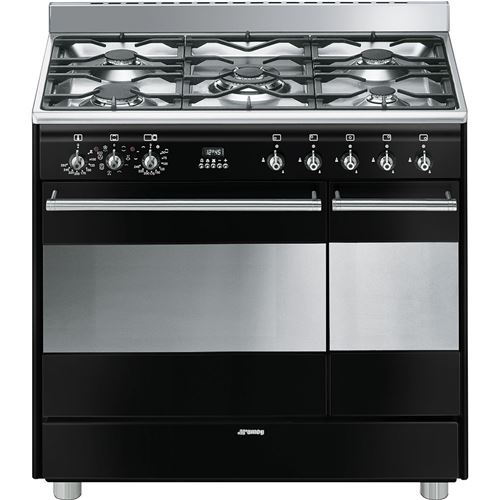 Smeg SCB92MN8 - Cuisinière (four à deux étages) - pose libre - largeur : 90 cm - profondeur : 60 cm - hauteur : 88.5 cm - avec système auto-nettoyant - noir brillant État correct - Smeg reconditionné disponible sur Fnac