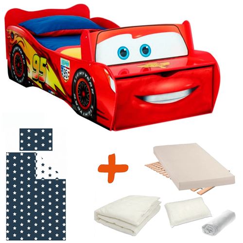 Pack complet Premium Lit Flash McQueen = Lit + Matelas & Parure + Couette + Oreiller Cars Disney