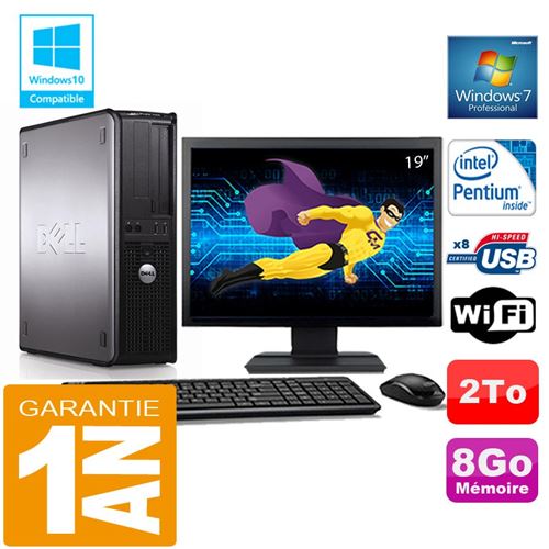 PC Dell 380 Dt Intel E5300 Ram 8Go Disque 2 To WiFi W7 Ecran 19'