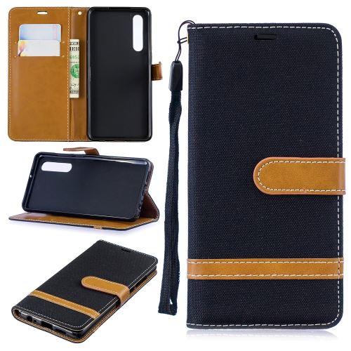 Etui en PU jean bicolore en tissu flip noir pour votre Huawei P30