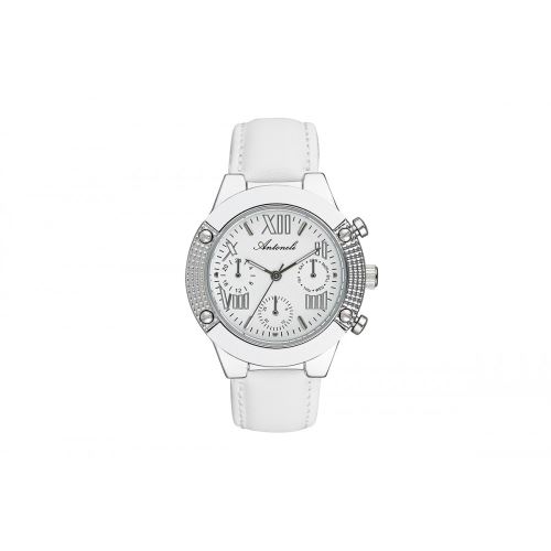 Montre Femme Antoneli Cadran 40mm En Cuir Argenté Et Bracelet Blanc En Acier ANT2047