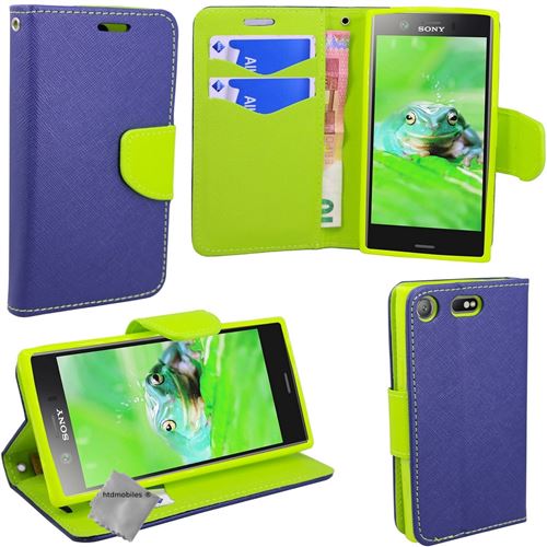 Housse etui coque pochette portefeuille pour Sony Xperia XZ1 Compact avec film ecran - BLEU / VERT
