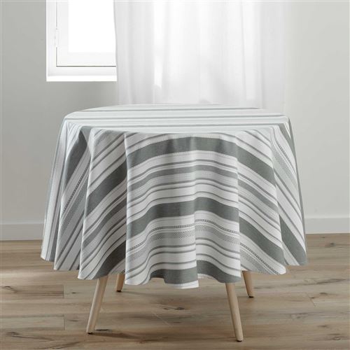 Nappe ronde (0) 180 cm polycoton tisse santorin Gris/blanc