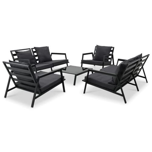Salon de jardin urbain 6 places avec coussins en aluminium gris fonc&eacute;