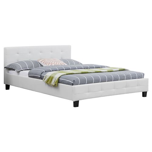 Lit double MATHIEU, 140 x 190 cm, capitonn&eacute; avec sommier, rev&ecirc;tement synth&eacute;tique blanc