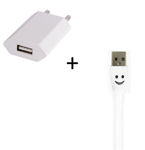 Pack Chargeur Pour Smartphone Micro Usb (cable Smiley Led + Prise Secteur Usb) Android Connecteur (blanc)