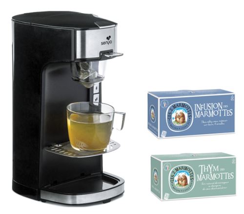 Senya machine à thé Tea Time, théière électrique Noir et Lot de 2 boîtes d’infusion Les 2 Marmottes (Thym + Infusion des Marmottes)