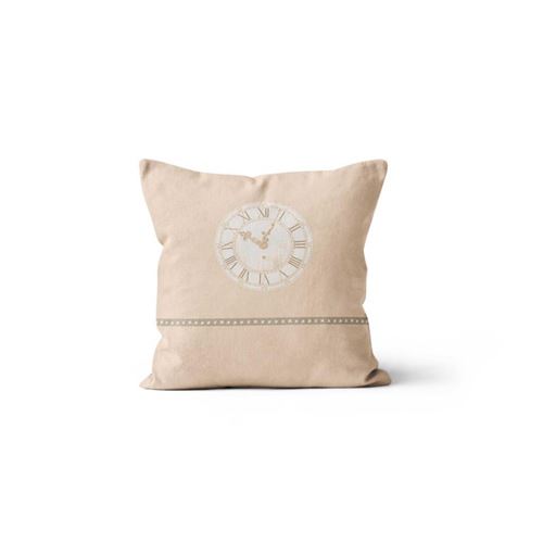 SOLEIL D' OCRE Coussin Esprit de Famille 100% coton - Déhoussable - 40 x 40 cm - Horloge - Naturel