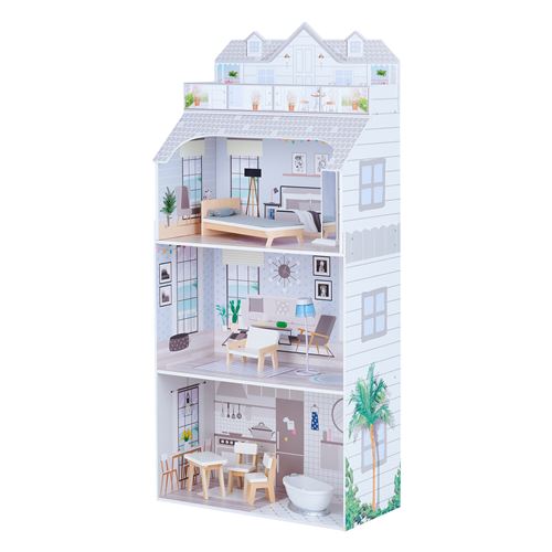 Teamson Kids Maison de poupée fille enfant en bois grise 3 étages accessoires meubles inclus jouet TD-11683D