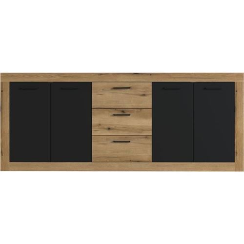Buffet INDUS Mélaminé chêne et noir - 4 portes + 3 tiroirs - Style industriel - L 206 x P 45 x H 83,5 cm STONE