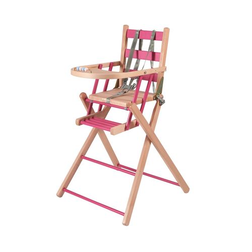 Combelle - Chaise haute bébé pliante en bois Sarah - bicolore fuchsia