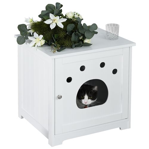 Comparer les prix de Maison de toilette pour chat design porte entrée patte chat 2 MDF blanc