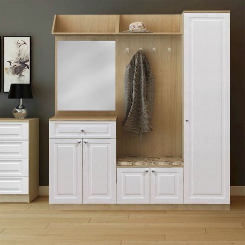 HOMEMANIA Meuble d’Entrée Decoration - Armoire, porte-manteau - avec miroir, portes, étagère - Chêne, Blanc en Bois, MDF, 175 x 36 x 194 cm
