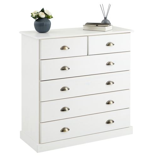 Commode PARIS en pin massif, 6 tiroirs, lasuré blanc
