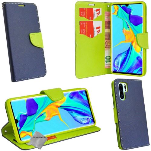 Housse etui coque pochette portefeuille pour Huawei P30 Pro avec verre trempe - BLEU / VERT