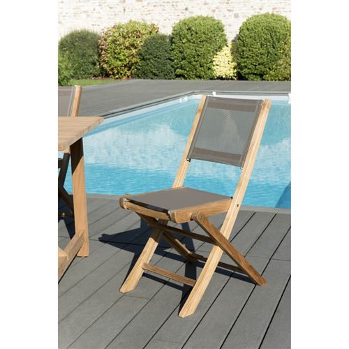 Lot de 2 chaises pliantes textilène couleur taupe en bois teck grade A