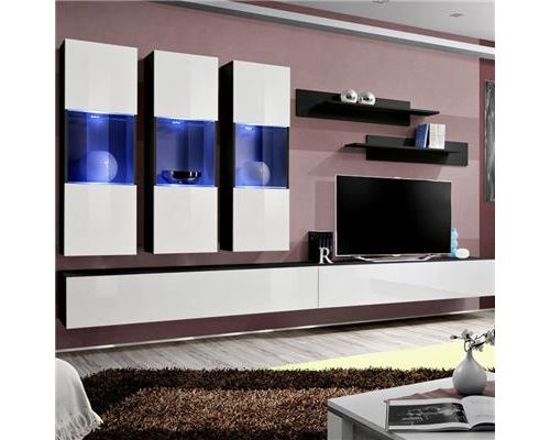Meuble tele suspendu blanc et noir ARDARA - L 320 x P 40 x H 190 cm