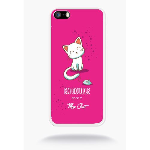 Coque En Couple Avec Mon Chat Fond Rose Compatible Apple Iphone 5 Silicone Blanc Mat